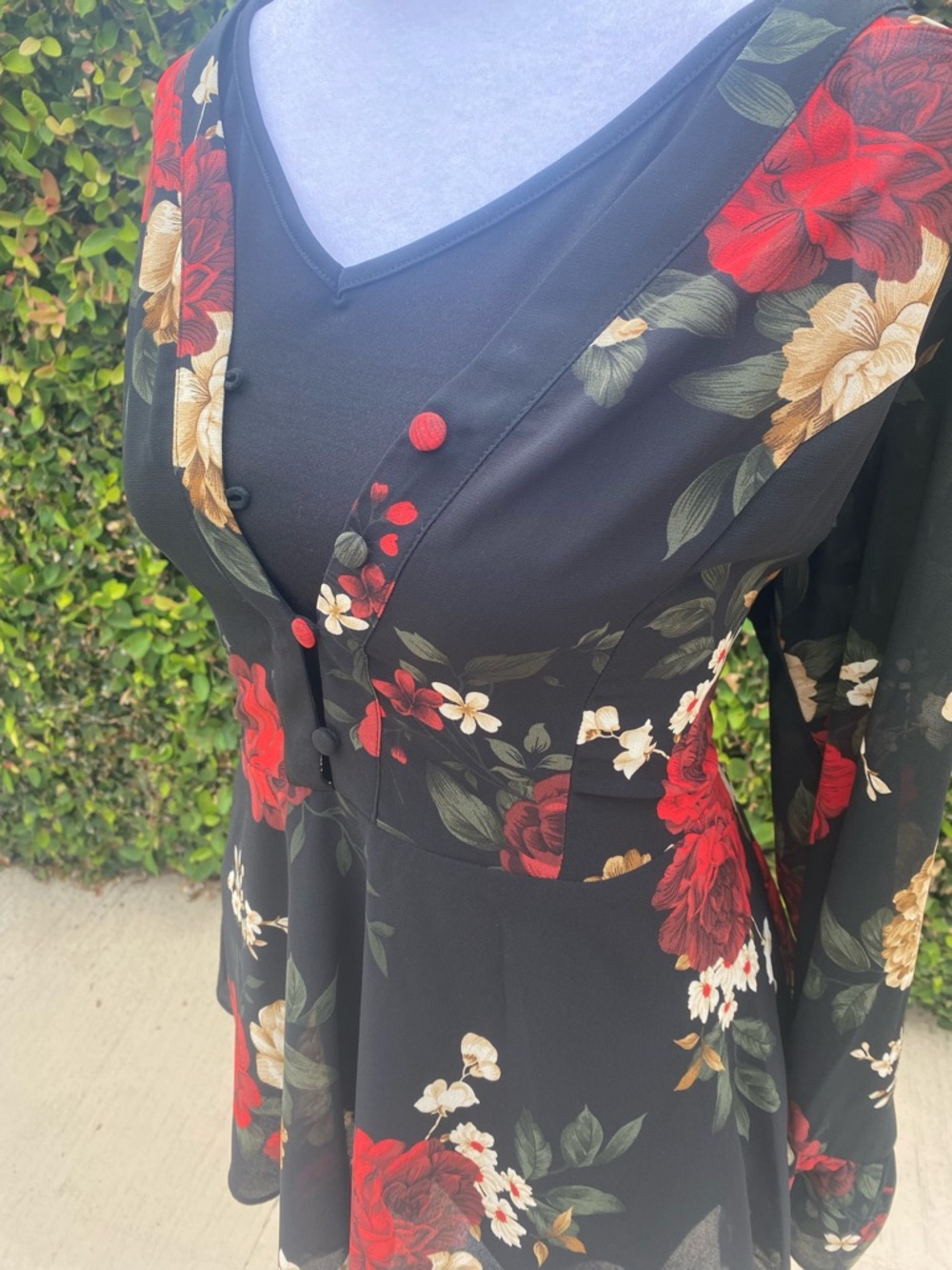 City Chic Black Floral Peplum Top with Red & Cream Blooms - Picture 6 of 7